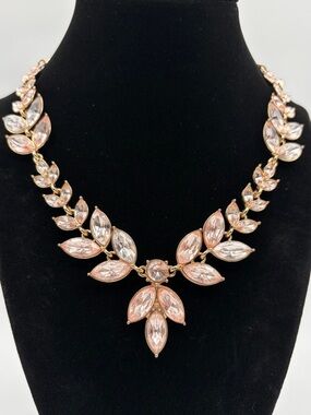 Blush Pink Crystal Statement Necklace Gold Tone Floral Bib Necklace Wedding